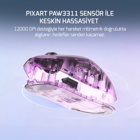 GAMEPOWER RADUS Beyaz 12.000DPI Triple Mode (Kablolu/Bluetooth/2.4G) Gaming Mouse